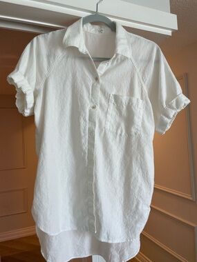 Wilfred Free White Short-Sleeve Button-Down Linen Blend Shirt - Size Small